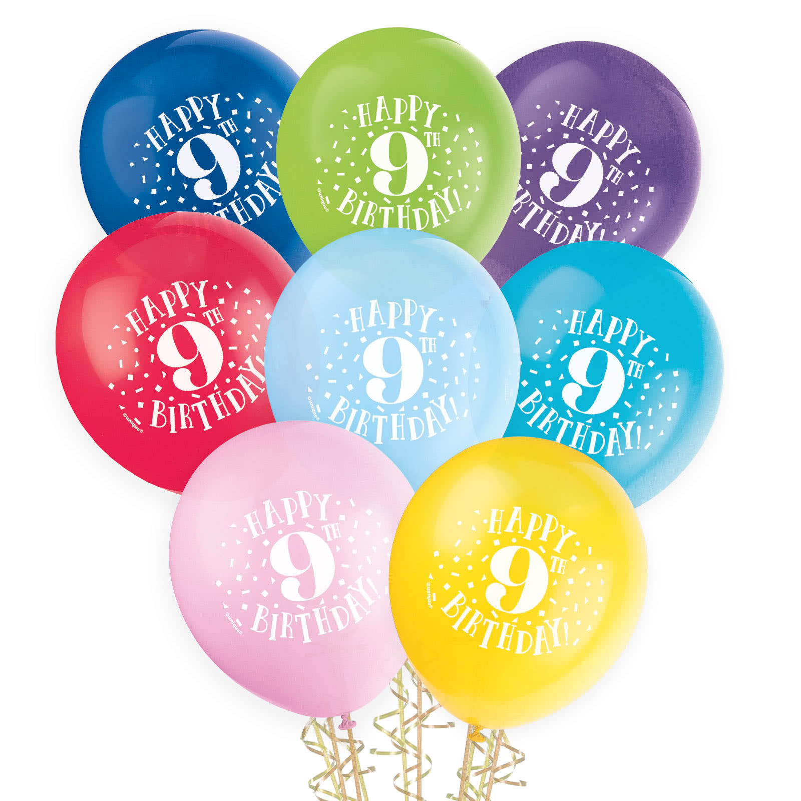9th Birthday Coloured Balloons 30cm Round (Pack of 8)