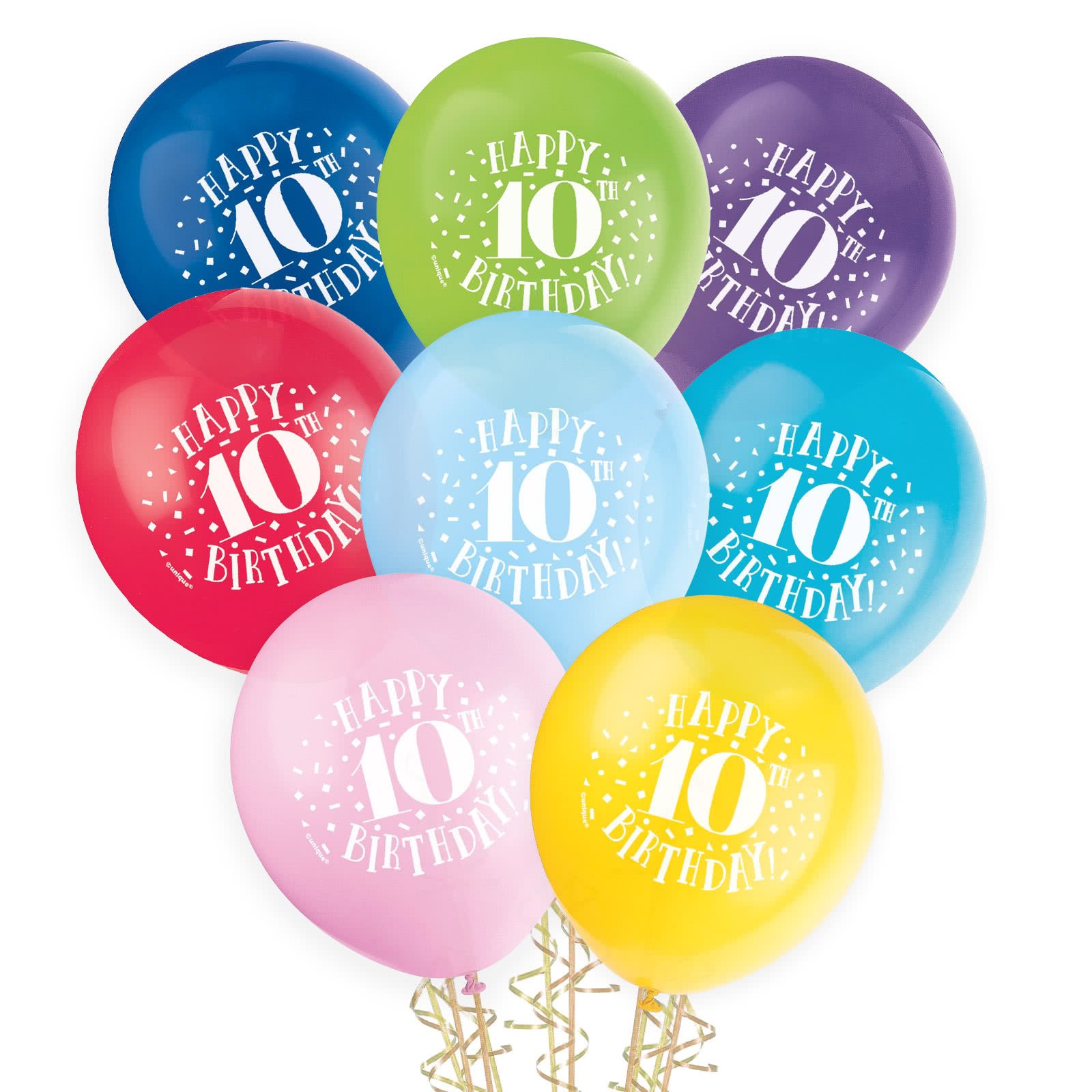 10th Birthday Coloured Balloons 30cm Round (Pack of 8)