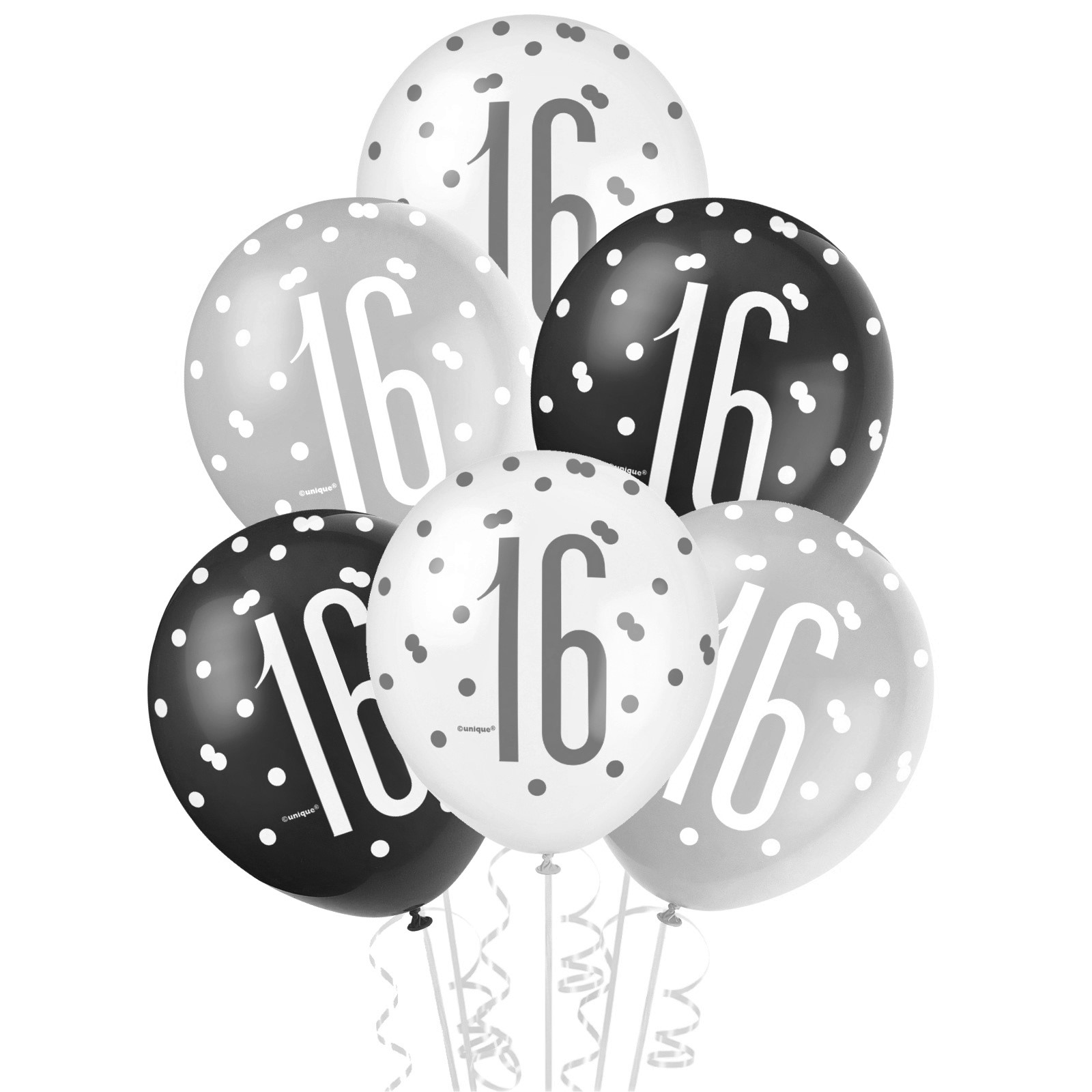 Black, Silver & White Assorted 16th Birthday Balloons (Pack of 6)