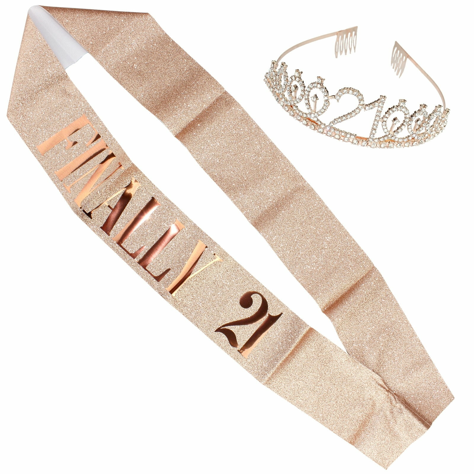 Rose Gold 21st Tiara & Finally 21 Glitter Sash Set