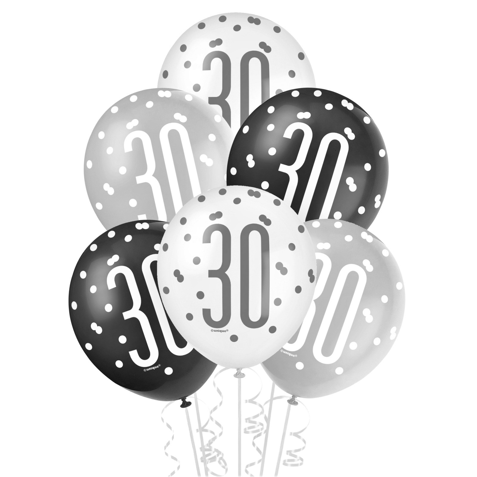Black, Silver & White Assorted 30th Birthday Balloons (Pack of 6)