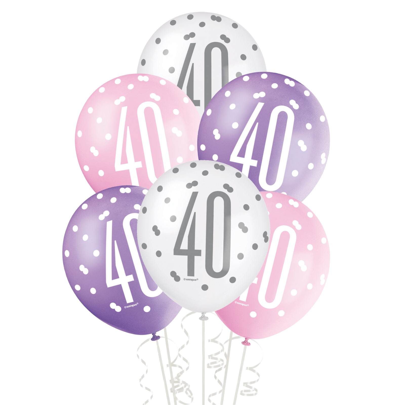 Pink, Purple & White Assorted 40th Birthday Balloons (Pack of 6)