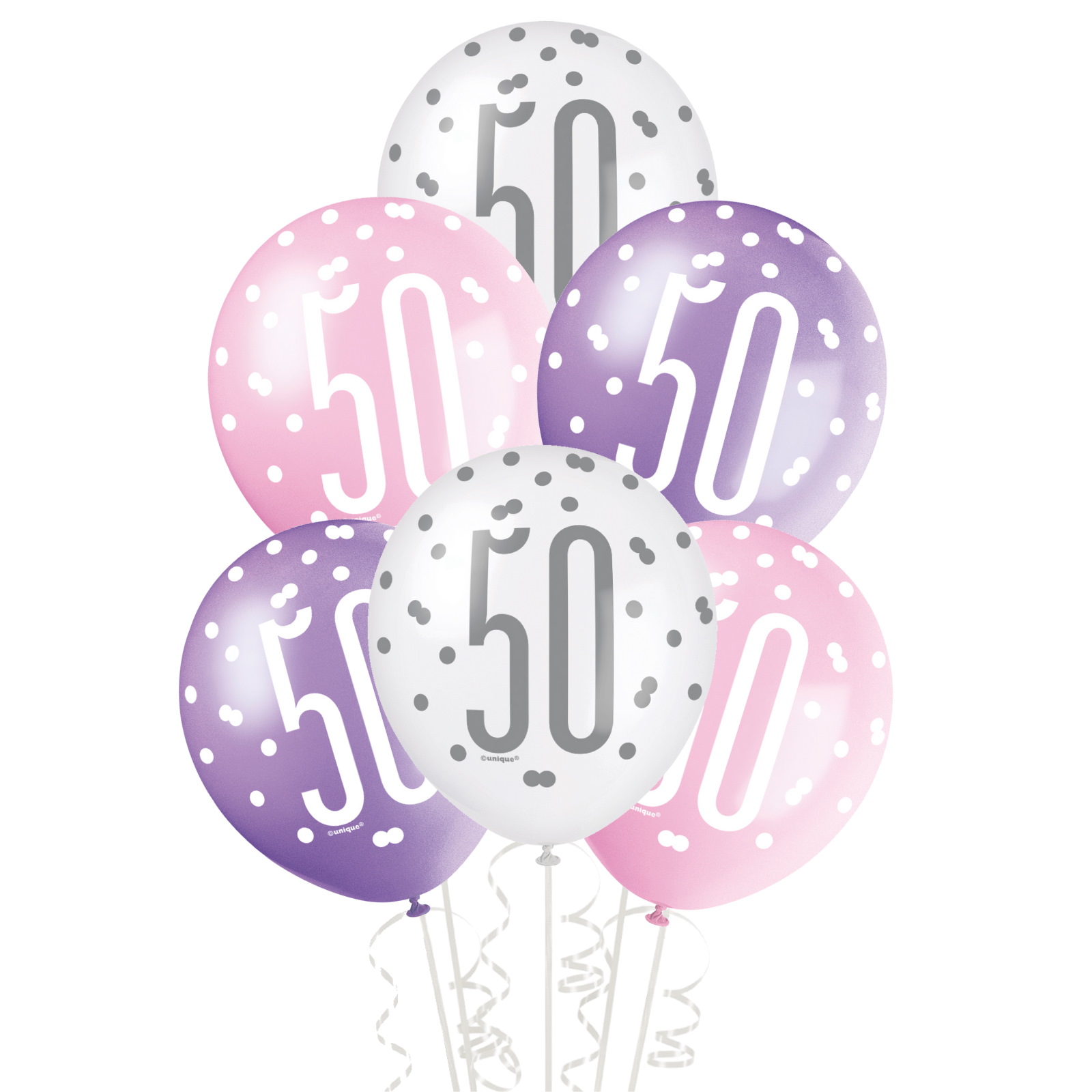 Pink, Purple & White Assorted 50th Birthday Balloons (Pack of 6)