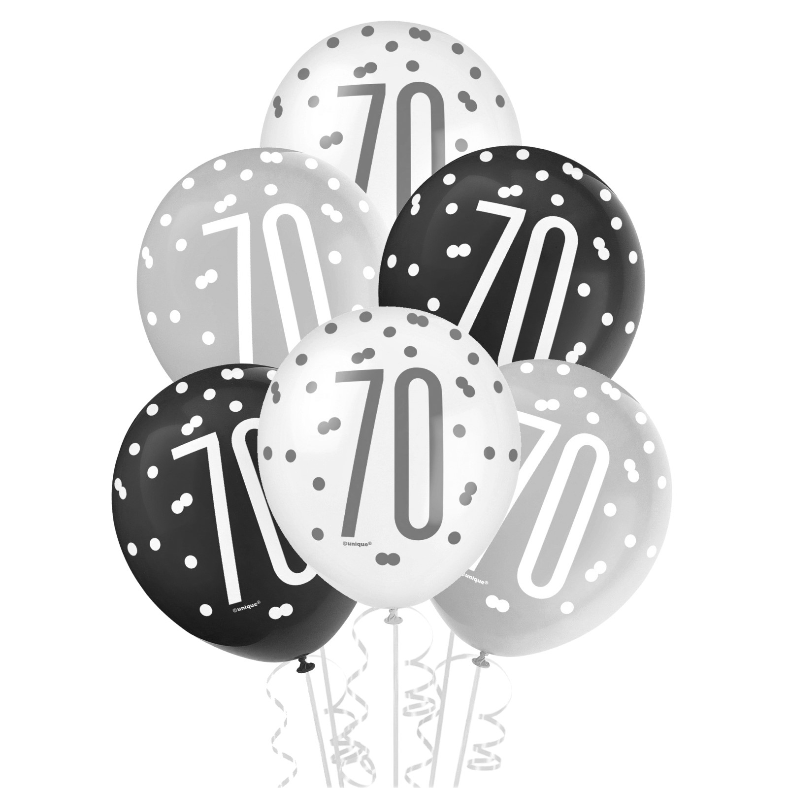 Black, Silver & White Assorted 70th Birthday Balloons (Pack of 6)