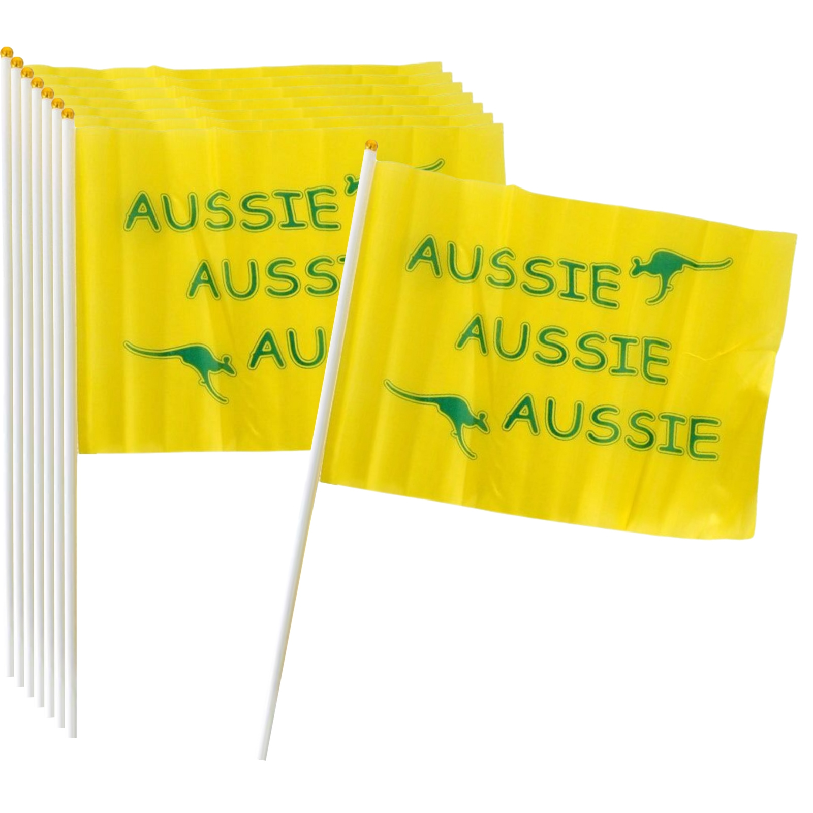 Aussie Yellow and Green Handheld Flags 14cm x 21cm (Pack of 8) 
