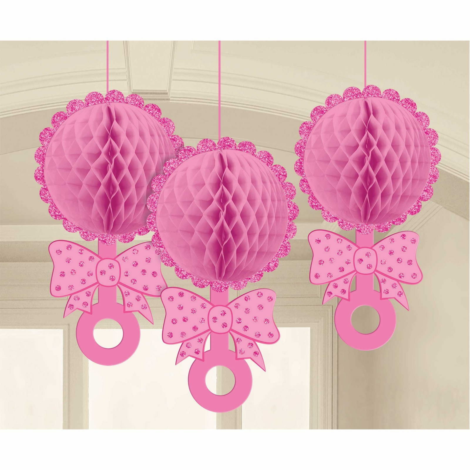 Baby Shower Girl Pink Honeycomb Rattle Decorations (Pack of 3)