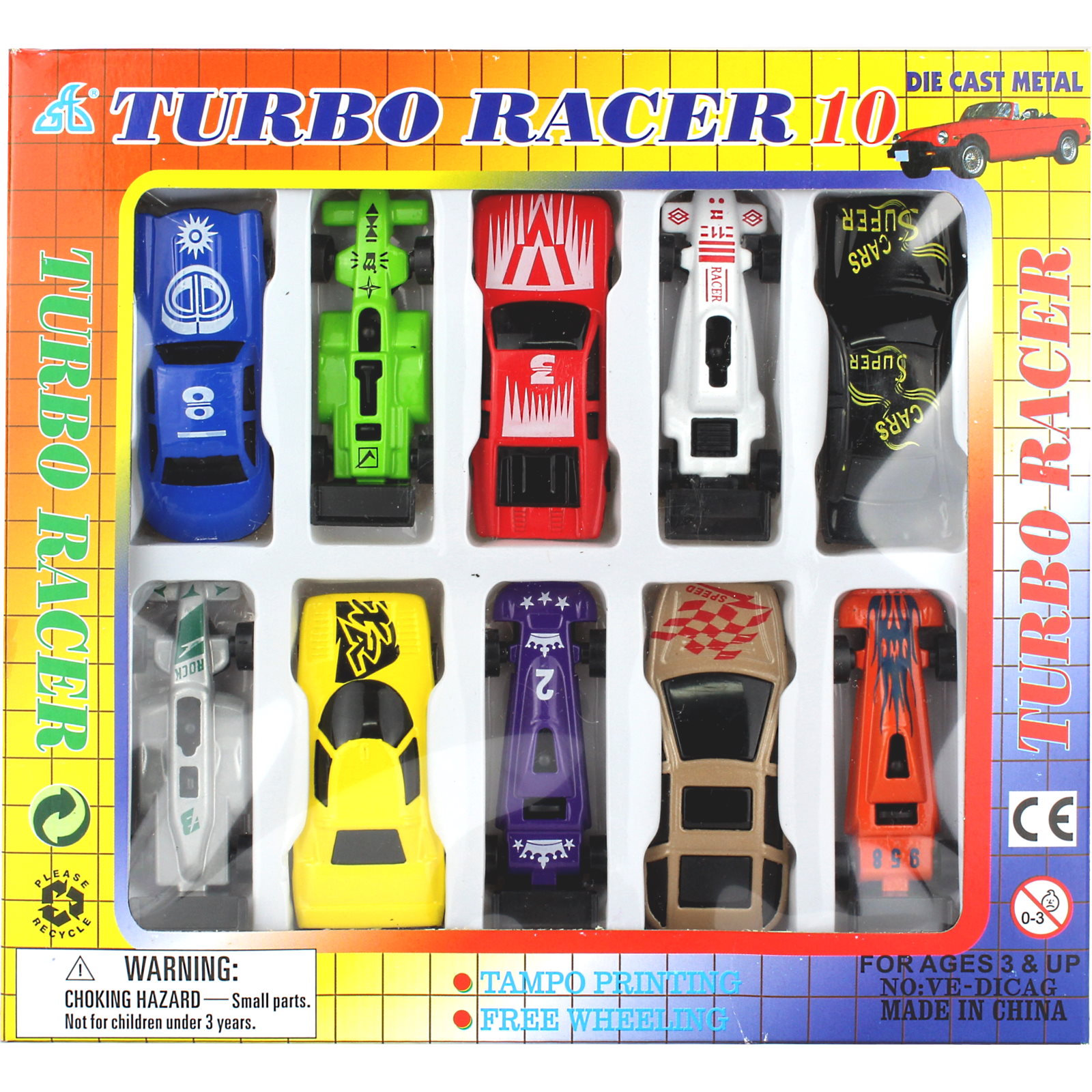 Die Cast Turbo Racer Car Set (Pack of 10)
