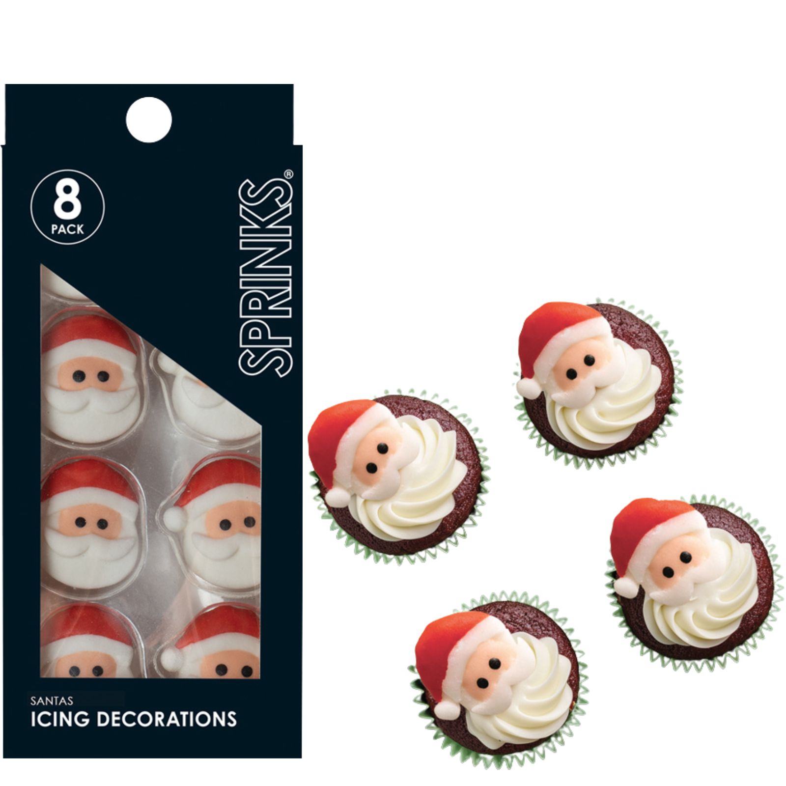 Santa Head Edible Sugar Cupcake Decorations (Pack of 8)