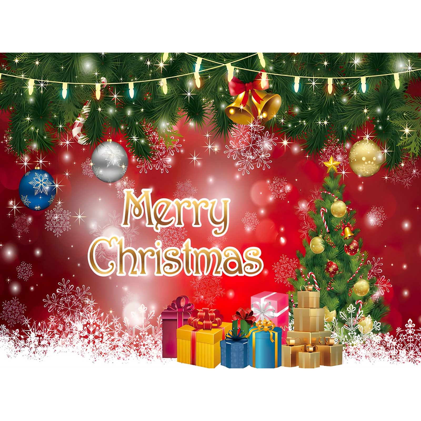 Merry Christmas Festive Tree and Gifts Fabric Backdrop