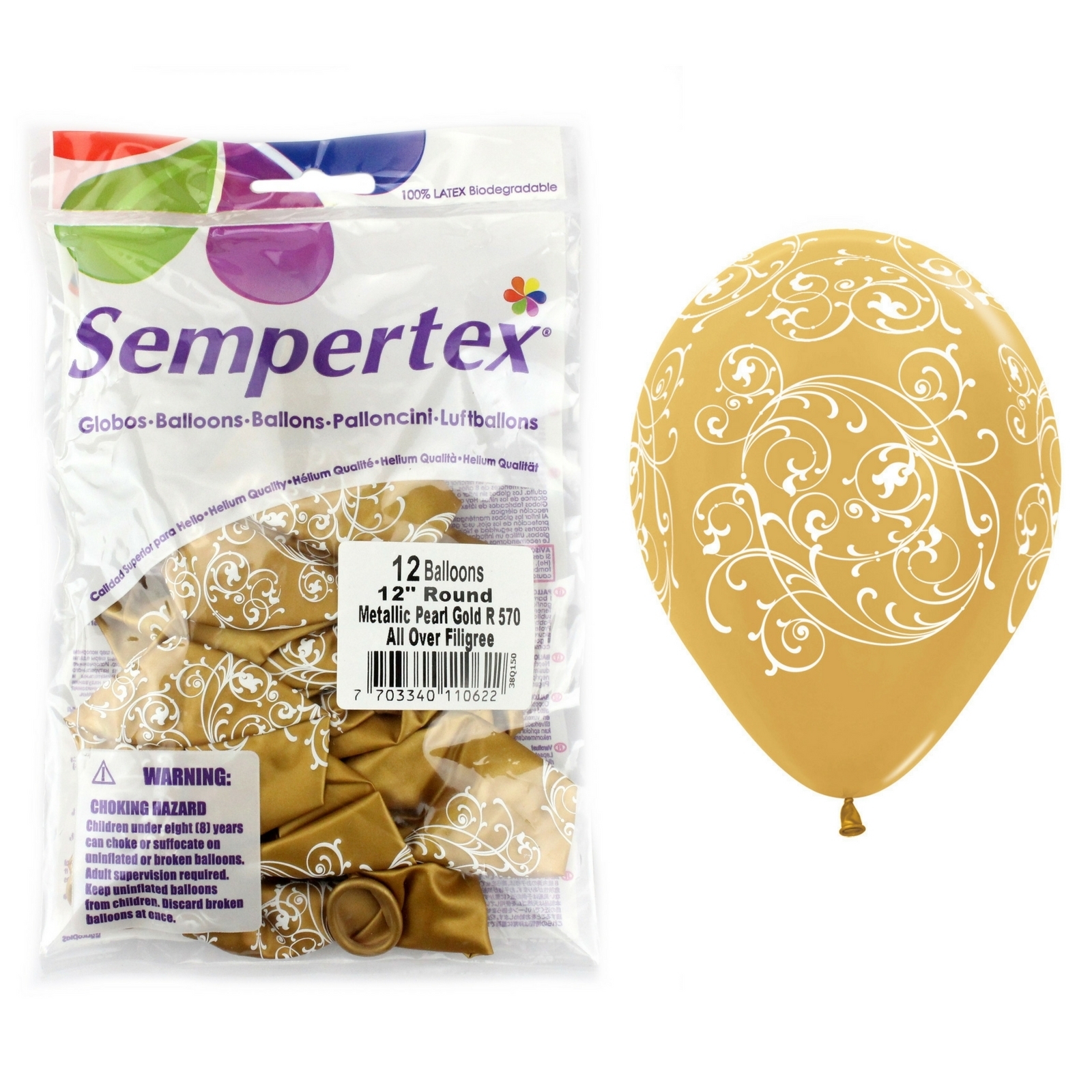 Sempertex Filigree and Metallic Pearl Gold Latex Balloons (Pack of 12)