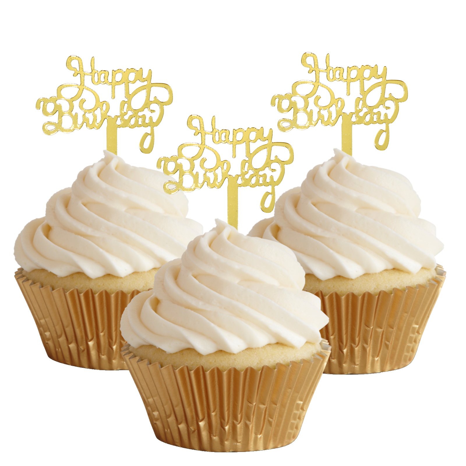 Happy Birthday Gold Mirror Cupcake Toppers (Pack of 4)