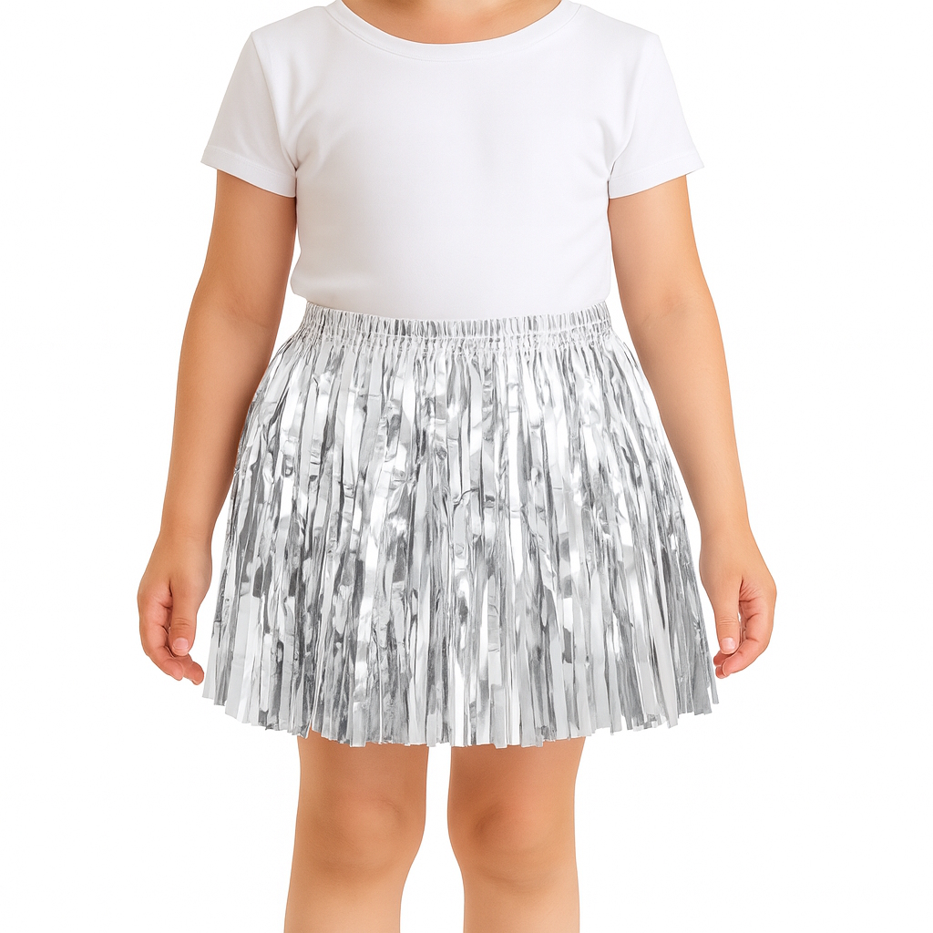 Kids Silver Metallic Tinsel Fringe Skirt