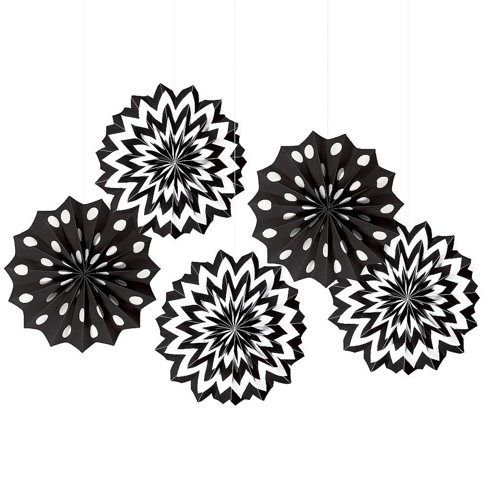Black Polka Dot and Chevron Paper Fan Decorations (Pack of 5)