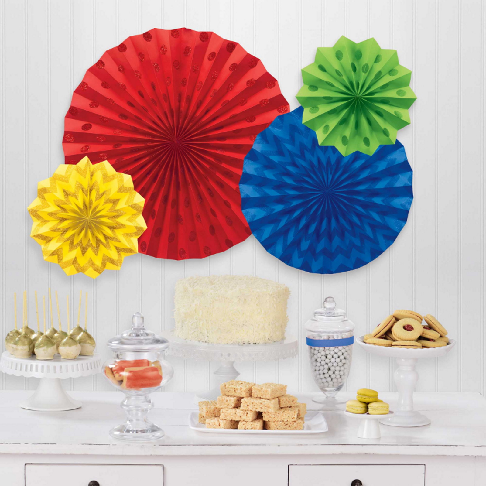 Rainbow Glitter Polka Dot and Chevron Paper Fan Decorations (Pack of 4)