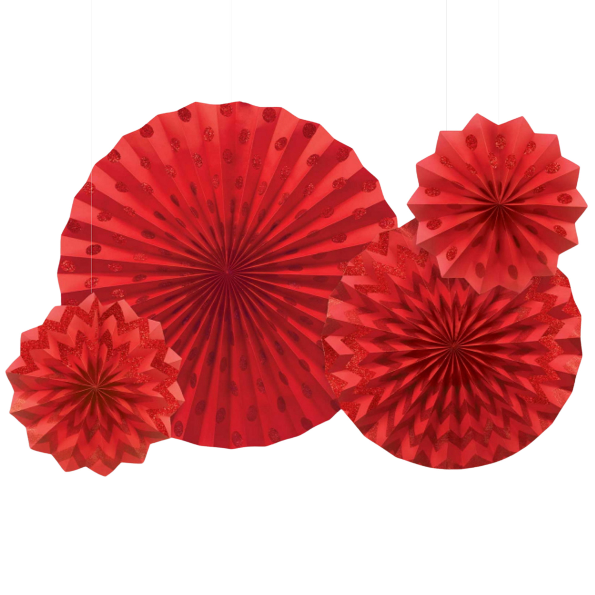 Red Glitter Polka Dot and Chevron Paper Fan Decorations (Pack of 4)