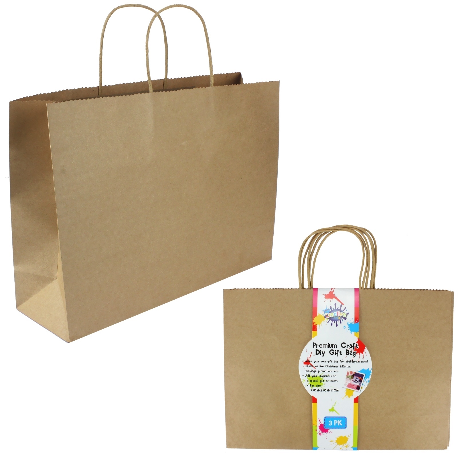 Large Brown Kraft Paper Gift Bags 25cm x 35cm x 11cm (Pack of 3)
