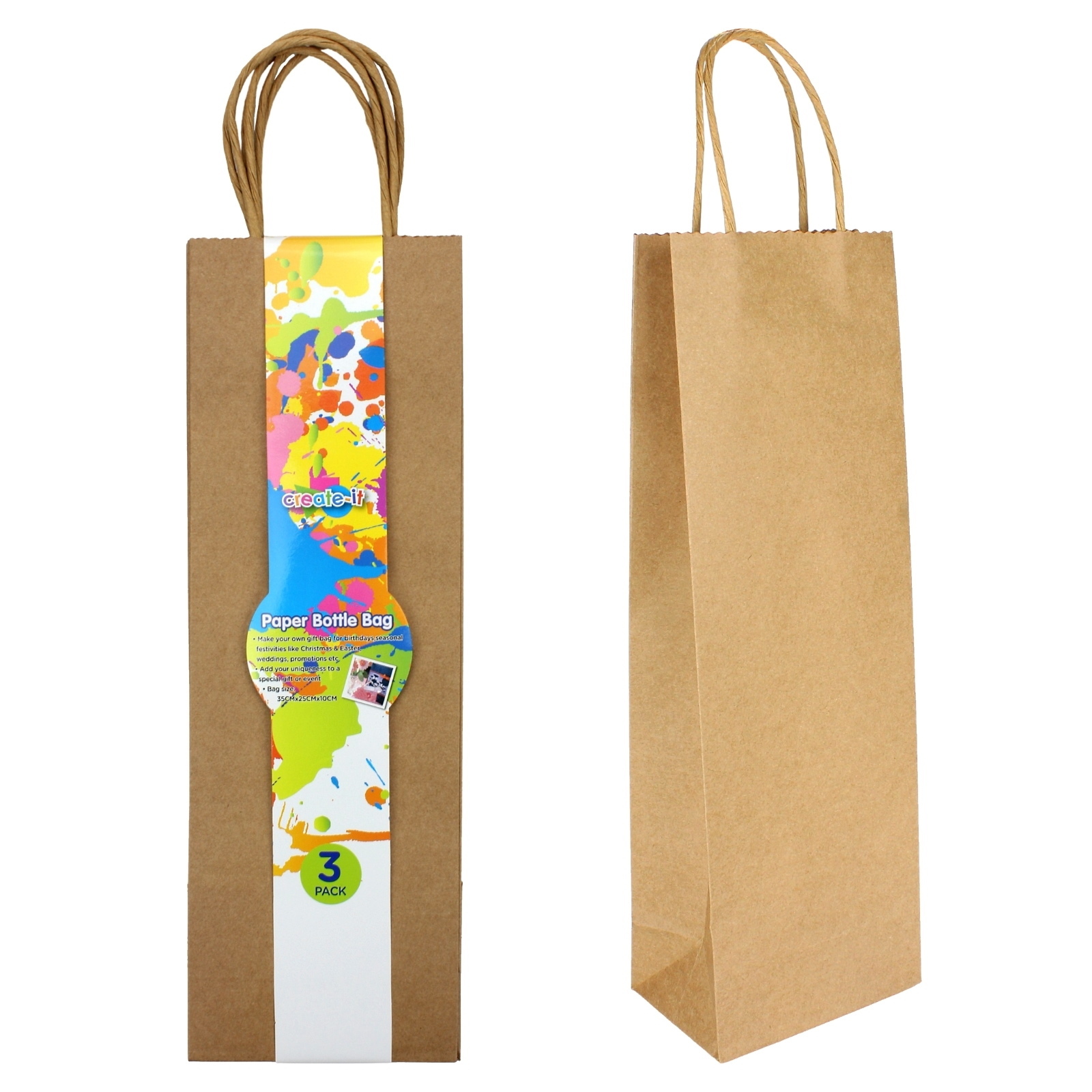 Brown Kraft Paper Bottle Bags 35cm x 11.5cm x 7.5cm (Pack of 3)