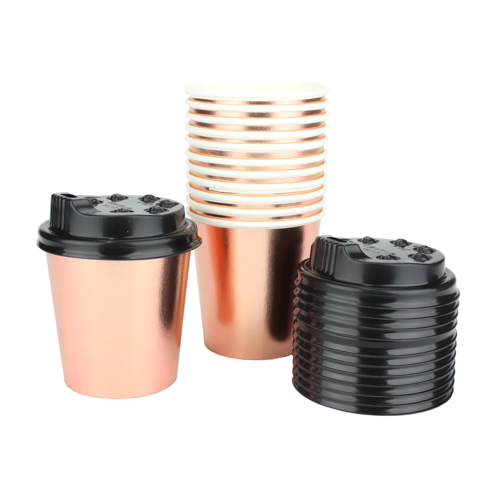 Rose Gold Foil Coffee Cups with Lids 118ml (Pack of 12)