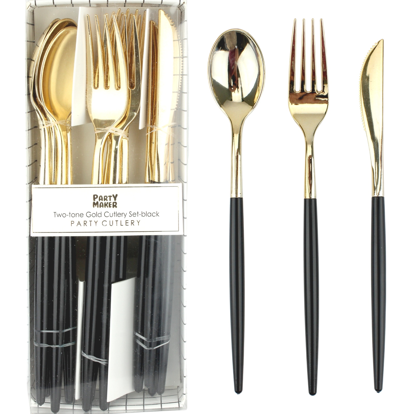 Two-Tone Gold & Black Plastic Cutlery (Pack of 12)
