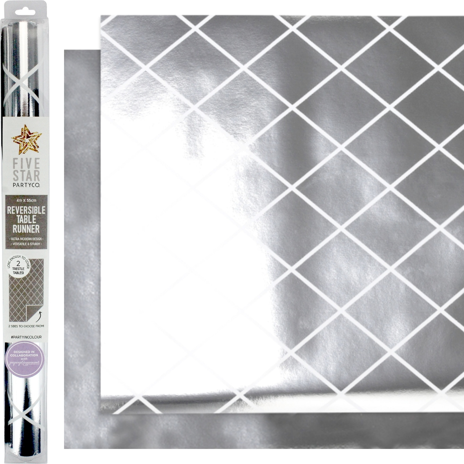 Metallic Silver Diamond Reversible Table Runner
