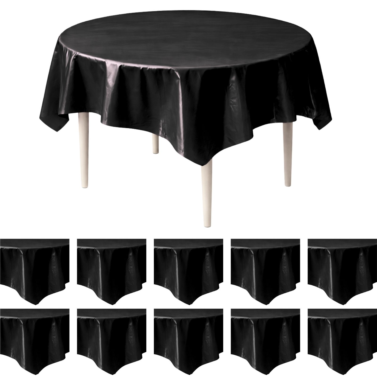 Midnight Black Round Plastic Tablecloths (Bulk Pack of 12)