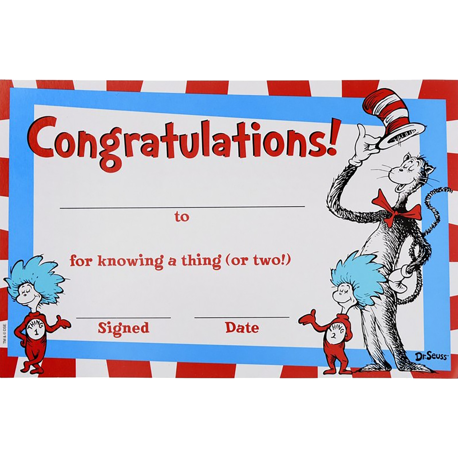 Dr. Seuss The Cat in the Hat Congratulations Certificates Pack of 36