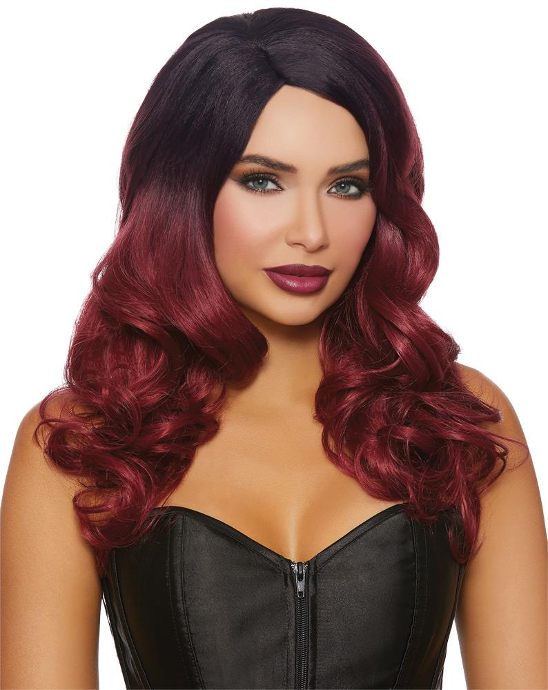 Long Wavy Black Burgundy Ombre Adult Wig
