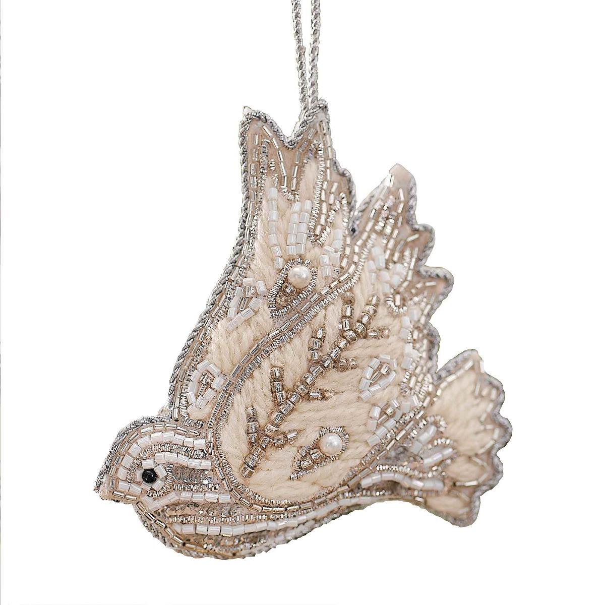 White Christmas Turtle Dove Embroidered Hanging Tree Decoration