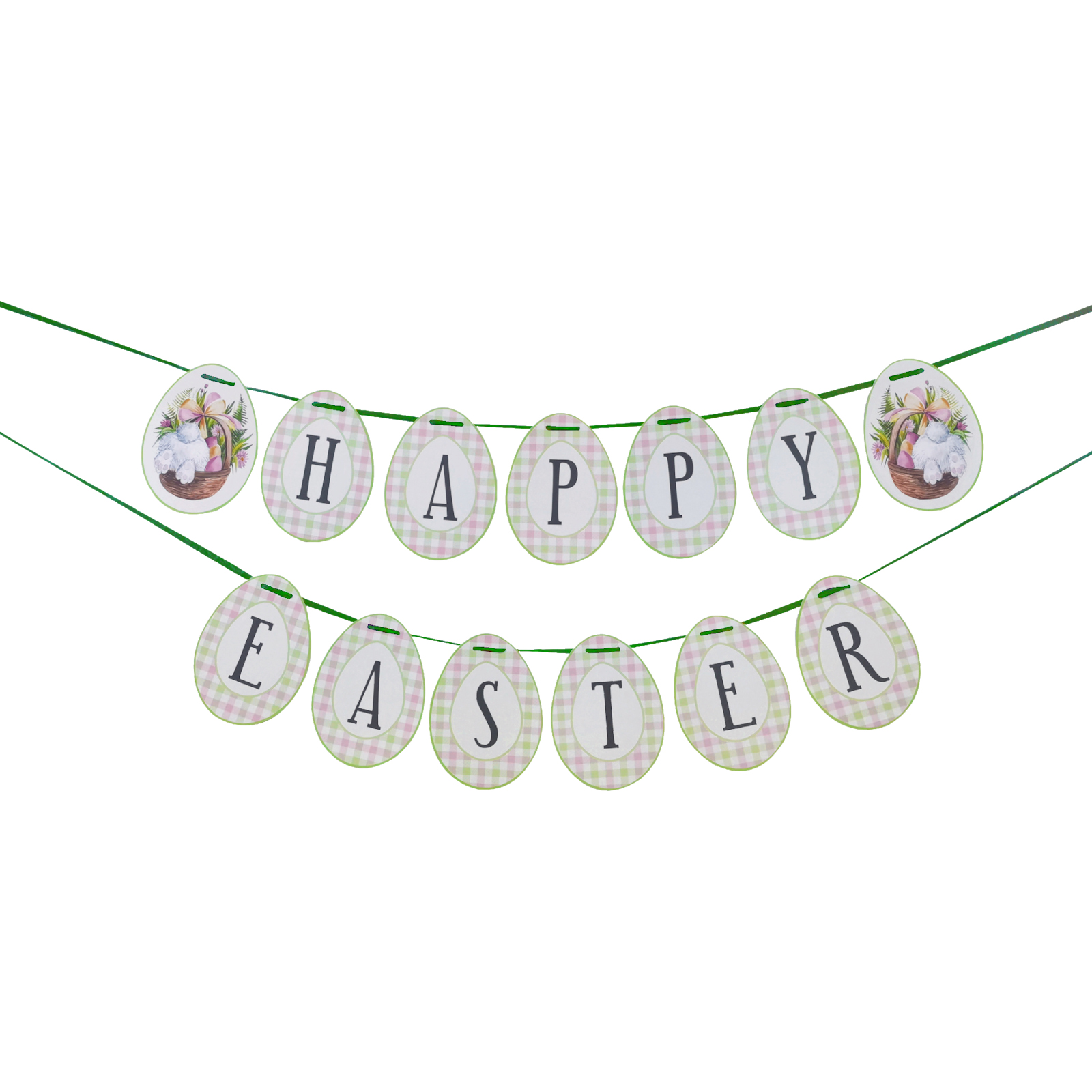 Gingham Garden Bunny Happy Easter Garland Banner - Discount Party Supplies