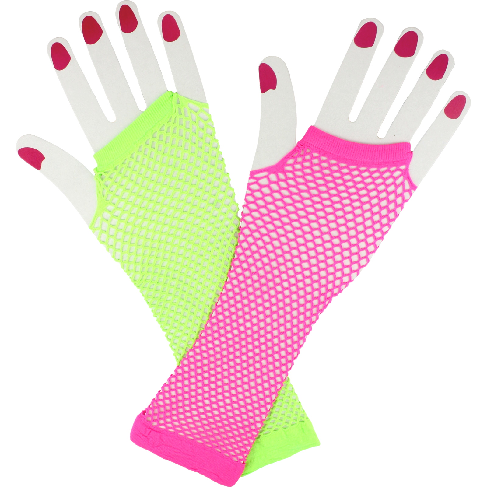 80's Neon Pink & Green Long Fishnet Gloves
