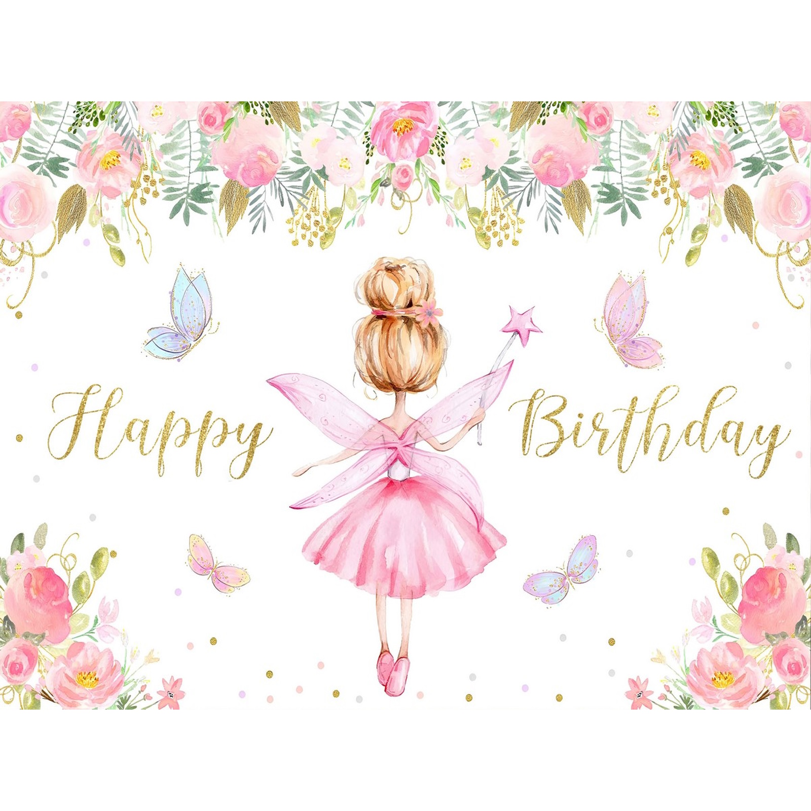 Floral Fairy Happy Birthday Fabric Backdrop