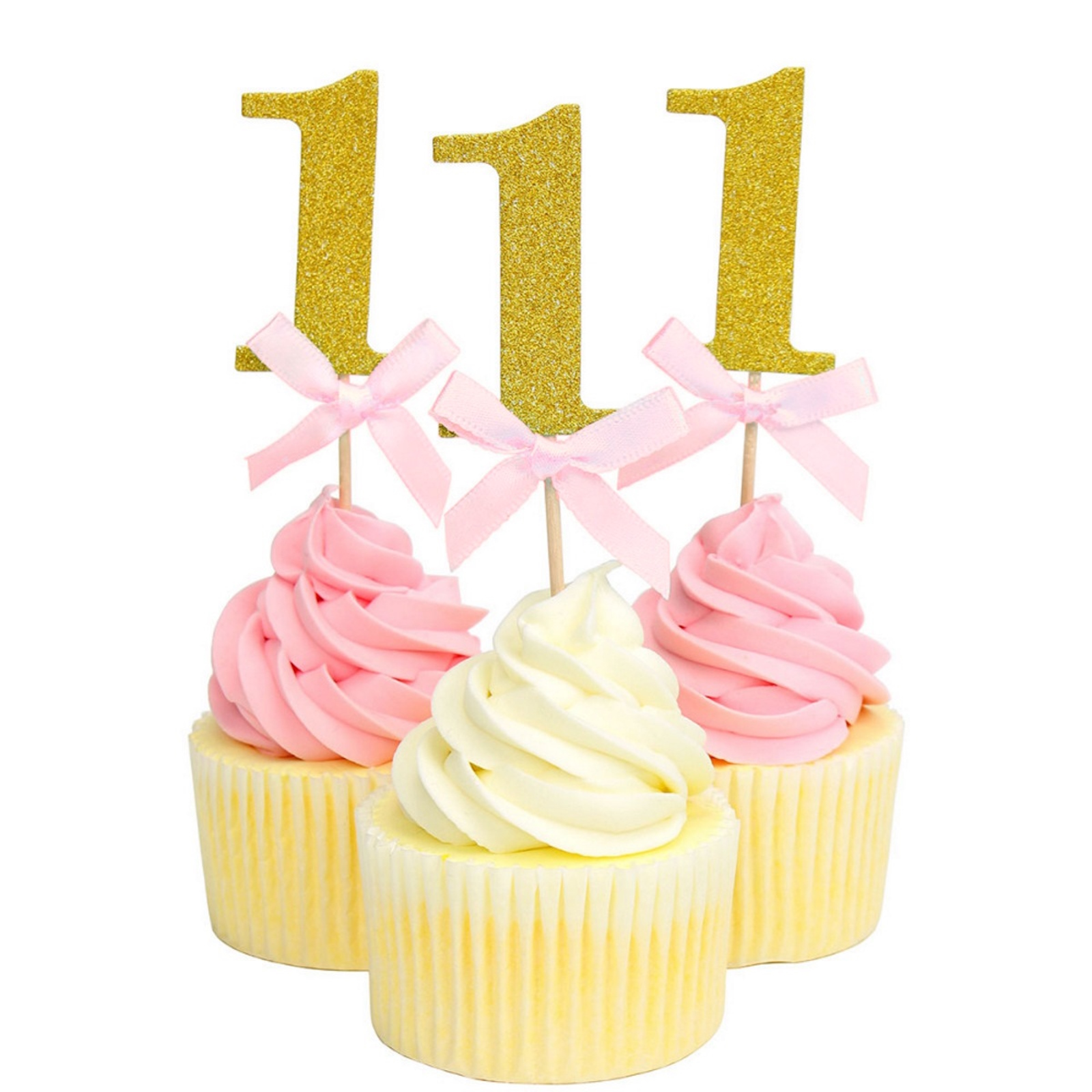 Girls 1st Birthday Gold Glitter Cupcake Picks (Pack of 10)
