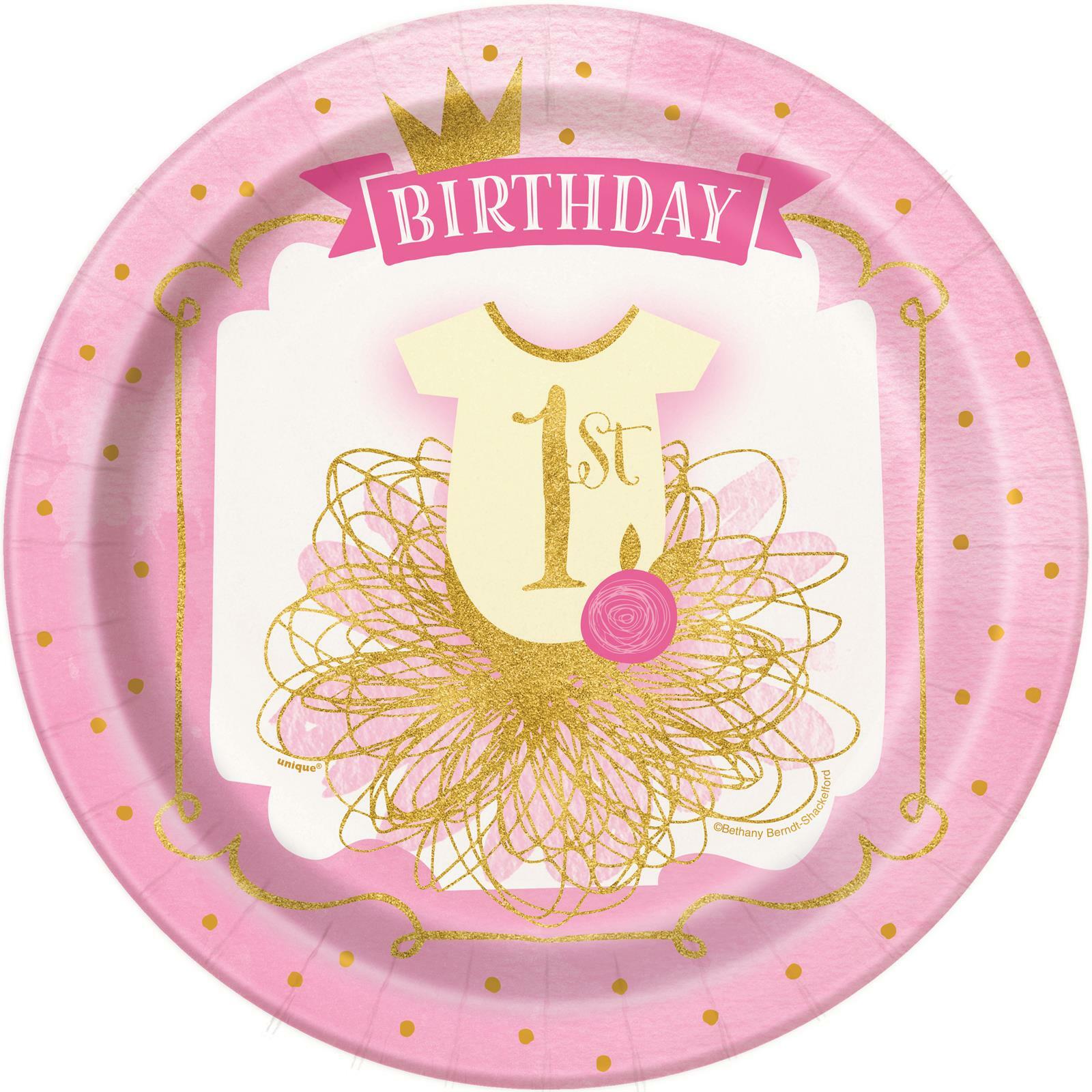 Pink & Gold First Birthday Large Paper Plates (Pack of 8)