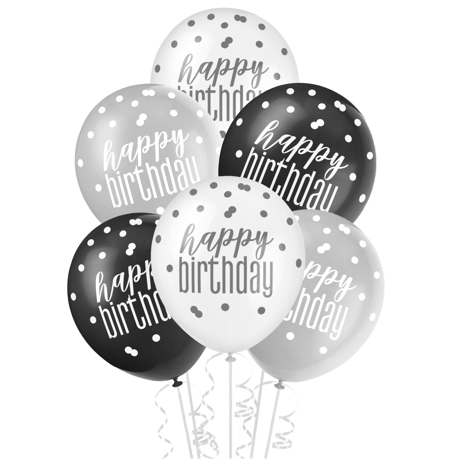 Black, Silver & White Happy Birthday Balloons (Pack of 6)