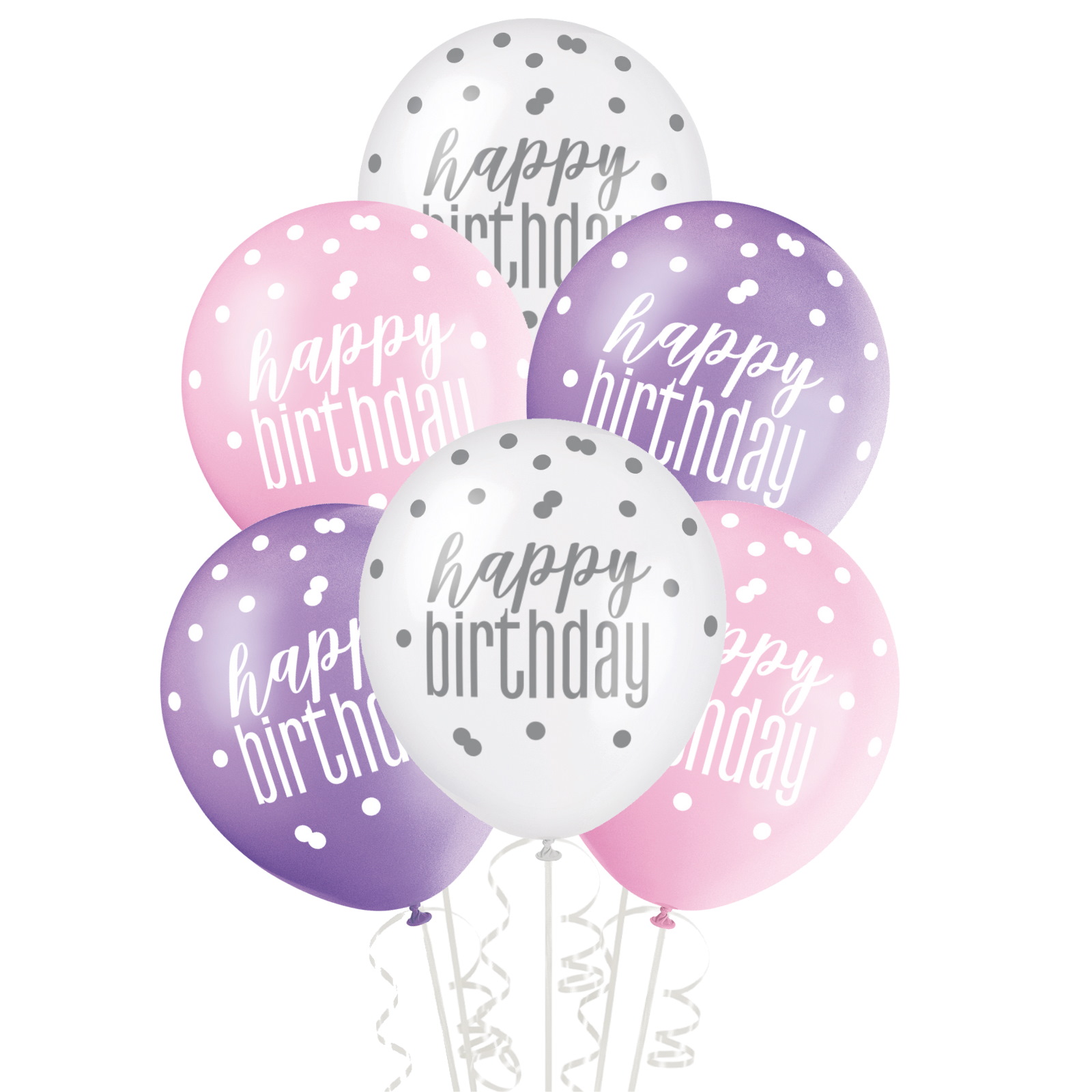 Pink, Purple & White Happy Birthday Balloons (Pack of 6)