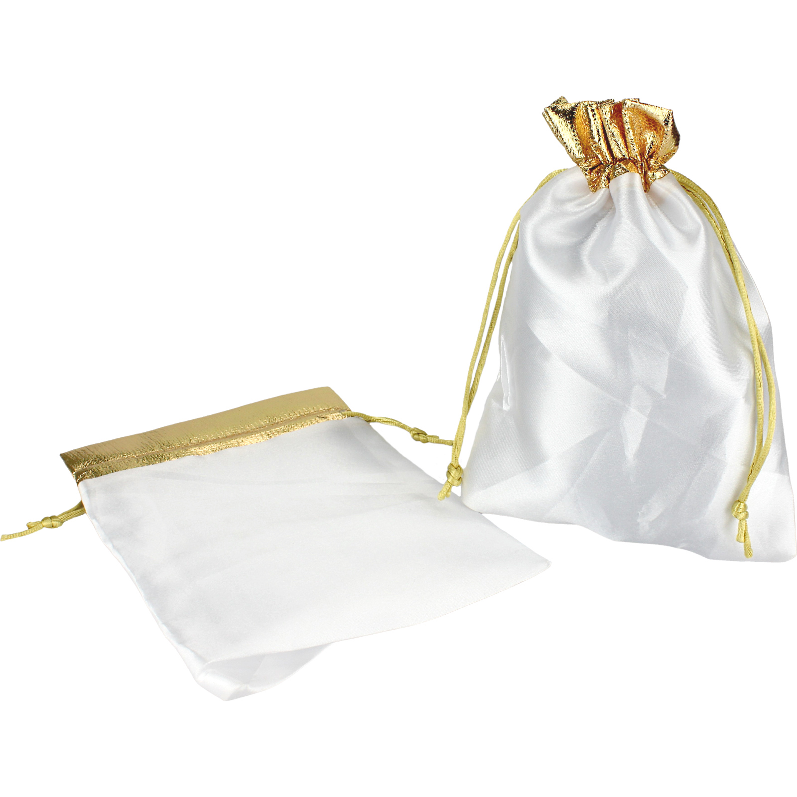 White Satin with Metallic Gold Trim Drawstring Bags 21cm (Pack of 2)