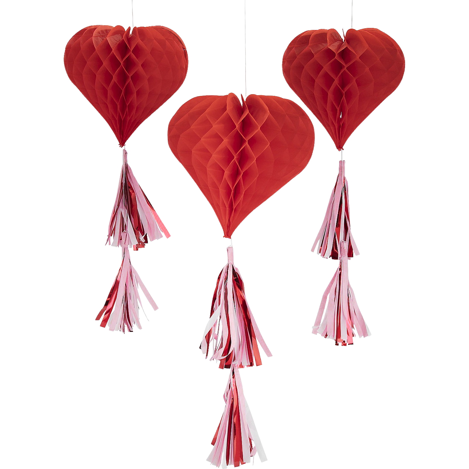 Red Heart Honeycomb Tassel Hanging Decorations (Pack of 3)