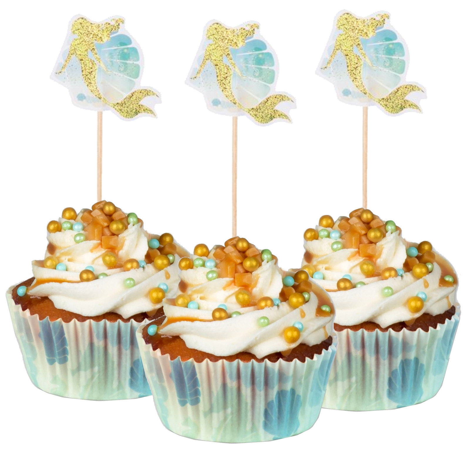 Aqua Mermaid Gold Glitter Cupcake Picks (Pack of 12)