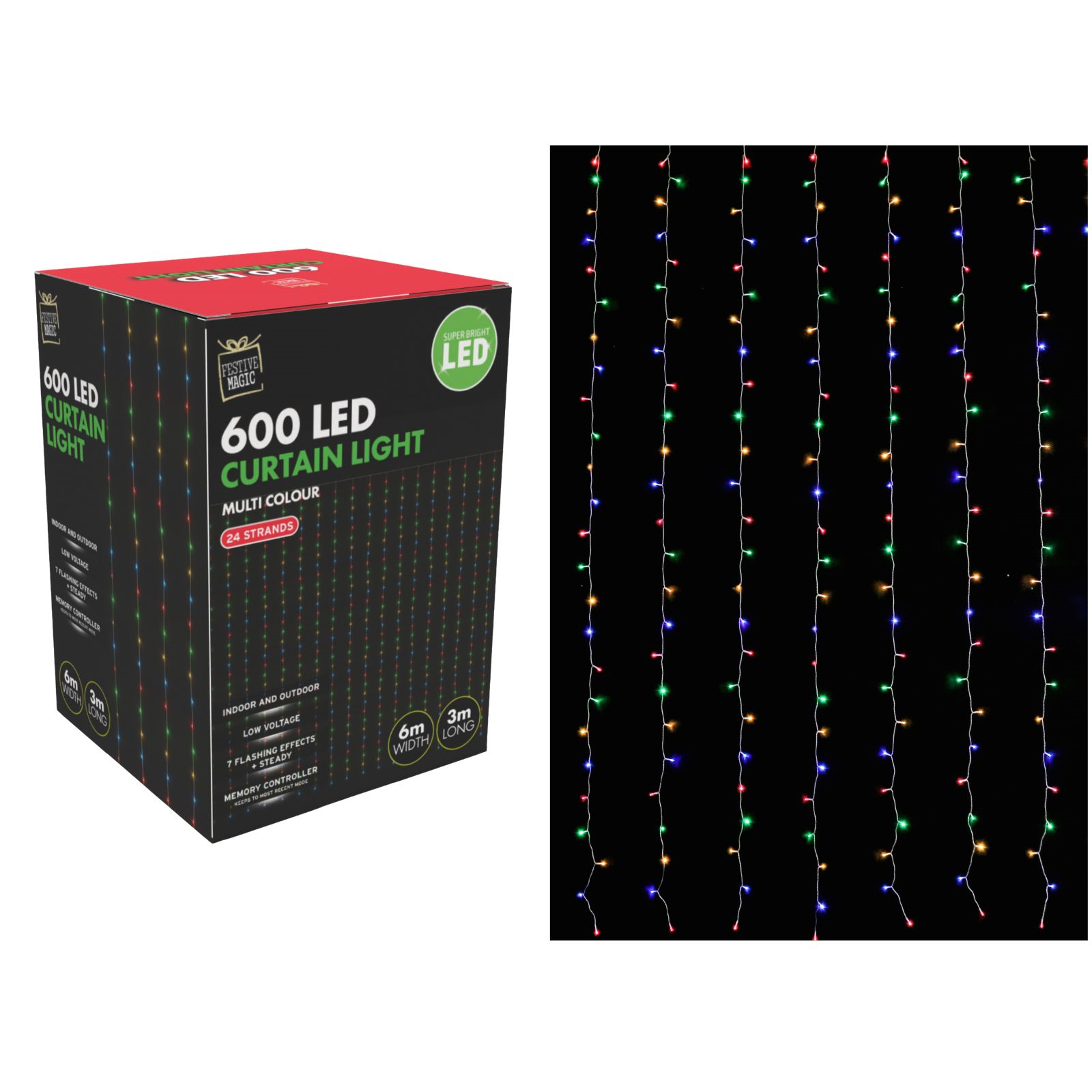 600 Multicolour LED Curtain Light 24 Strands