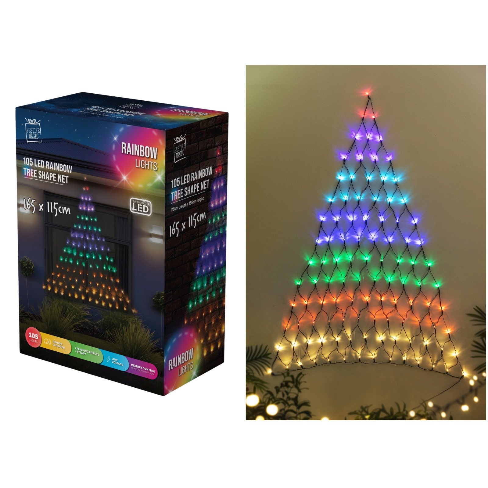 Rainbow LED Christmas Tree Wall Net Light 165cm