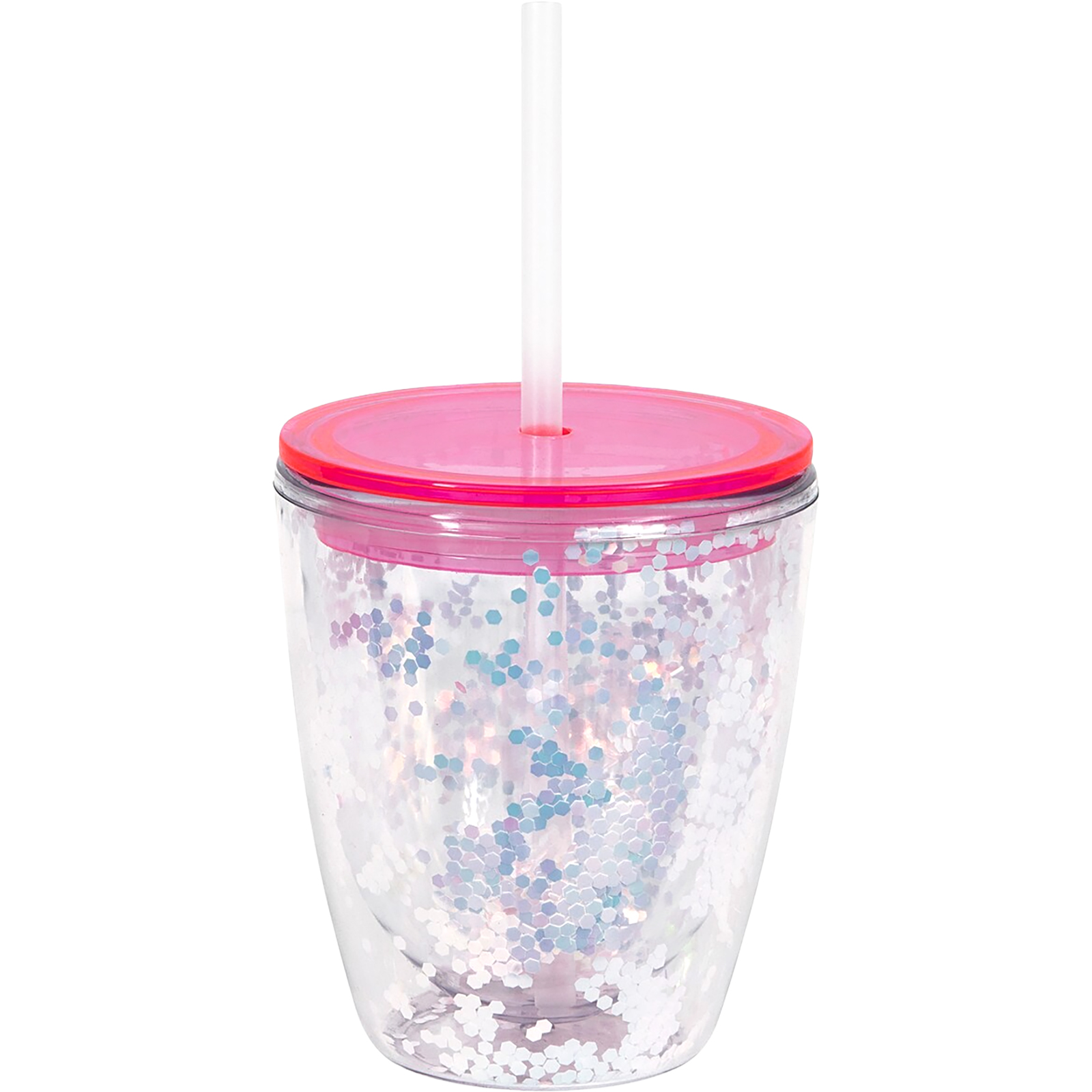 Clear Double Wall Tumbler Cup with Iridescent Glitter and Straw 425ml 