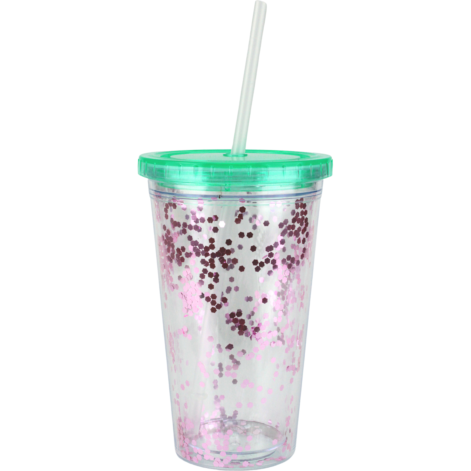 Clear Double Wall Tumbler Cup With Pink Glitter and Straw 473ml