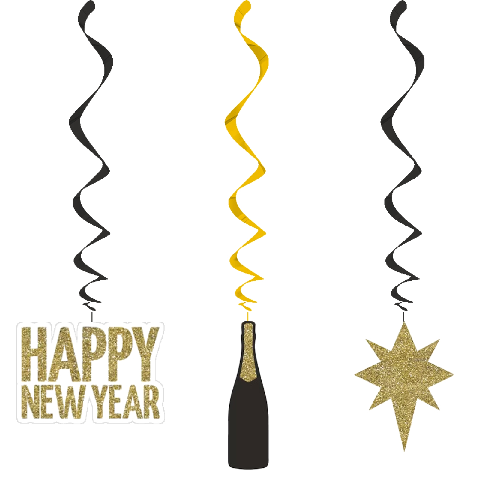 Happy New Year Gold & Black Swirl Decorations (Pack of 3)