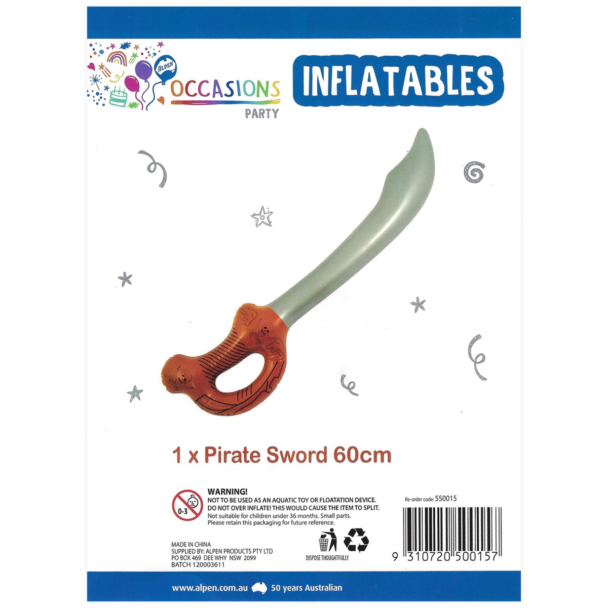 Inflatable Swore Inflatable Swashbuckling Pirate Sword | Pirate | Boys Birthday Party ...